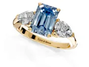 3 Stone Engagement Ring Setting for Fancy Blue Emerald Cut Center with Large Pear-Shaped Accents and Prong Head in Yellow Gold