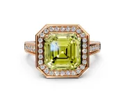 Halo Engagement Ring Setting for Fancy Yellow Asscher Cut Center with Outer Bezel Rim, Pave Band and Prong Head in Rose Gold
