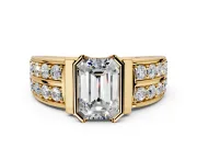 Bezel Engagement Ring Setting for Emerald Cut Center with Wide Channel-Set Band and Bezel Head in Yellow Gold