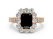Halo Engagement Ring Setting for Fancy Black Emerald Cut Center with Milgrain Channel Band and Prong Head in Rose Gold