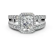 Halo Engagement Ring Setting for Radiant Cut Center with Wide-Open Pave Split Shank and Prong Head in Platinum