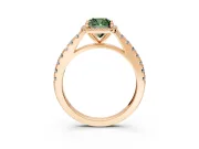 Halo Engagement Ring Setting for Fancy Green Cushion Cut Center with Full Pave Band and Prong Head in Rose Gold