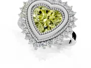 Halo Engagement Ring Setting for Fancy Yellow Heart-Shaped Center with Milgrain Bezel Rim, Plain Band and Prong Head in Sterling Silver
