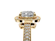 Milgrain Halo Engagement Ring Setting for Cushion Cut Center with Three-Sided Pave Band and Prong Head in Yellow Gold
