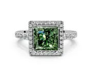 Halo Engagement Ring Setting for Fancy Green Princess Cut Center with Inner Milgrain Border and Prong Head in White Gold
