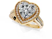 Halo Engagement Ring Setting for Heart-Shaped Center with Outer Bezel Rim, Pave Band and Prong Head in Yellow Gold