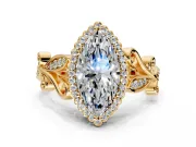 Halo Engagement Ring Setting for Marquise Center with Leaf Motif Split Shank and Prong Head in Yellow Gold
