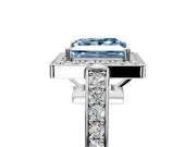 Bezel-Framed Halo Engagement Ring Setting for Fancy Blue Princess Cut Center with Pave Band and Prong Head in White Gold