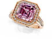 Halo Engagement Ring Setting for Fancy Pink Asscher Cut Center with Outer Bezel Rim, Pave Band and Prong Head in Rose Gold