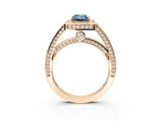 Halo Engagement Ring Setting for Fancy Blue Emerald Cut Center with Framed Halo, Pave Band and Prong Head in Rose Gold