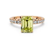 Solitaire Engagement Ring Setting for Fancy Yellow Emerald Cut Center with Shared-Prong Accents and Prong Head in Rose Gold