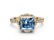 Halo Engagement Ring Setting for Fancy Blue Princess Cut Center with Openwork Halo, Pave Band and Prong Head in Yellow Gold