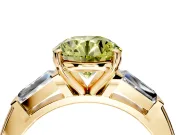 3 Stone Engagement Ring Setting for Fancy Yellow Round Cut Center with Tapered Baguettes, Plain Band and Prong Head in Yellow Gold
