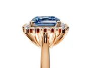 Starburst Halo Engagement Ring Setting for Fancy Blue Asscher Cut Center with Thin Round-Wire Band and Prong Head in Rose Gold