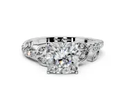 Leaf Motif Engagement Ring Setting for Cushion Cut Center with Pave Band and Prong Head in Platinum