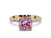Solitaire Engagement Ring Setting for Fancy Pink Cushion Cut Center with Micro Pave Band and Prong Head in Yellow Gold