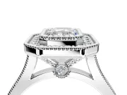Halo Engagement Ring Setting for Emerald Cut Center with Milgrain Frame, Pave Band and Prong Head in White Gold