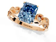 Leaf Engagement Ring Setting for Fancy Blue Radiant Cut Center with Milgrain Accent Band and Prong Head in Rose Gold