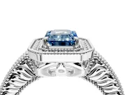 Milgrain Halo Engagement Ring Setting for Fancy Blue Emerald Cut Center with Pave Band and Prong Head in Platinum