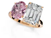 Fancy Pink Oval and Emerald Cut Lab-Grown Diamond Toi et Moi Engagement Ring with Prong-Set Stones in Rose Gold