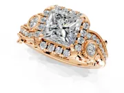 Bypass Halo Engagement Ring Setting for Princess Cut Center with Bezel Accents, Milgrain and Prong Head in Rose Gold