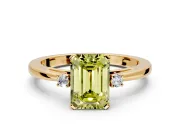 3 Stone Engagement Ring Setting for Fancy Yellow Emerald Cut Center with Low-Set Round Cut Accents and Prong Head in Yellow Gold