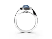Bezel-Framed Halo Engagement Ring Setting for Fancy Blue Radiant Cut Center with Pave Band and Prong Head in White Gold