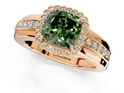 Halo Engagement Ring Setting for Fancy Green Cushion Cut Center with Wide Band, Inlaid Accent Row and Prong Head in Rose Gold