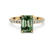 Solitaire Engagement Ring Setting for Fancy Green Emerald Cut Center with Fine Pave Narrow Band and Prong Head in Yellow Gold