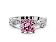 Solitaire Engagement Ring Setting for Fancy Pink Cushion Cut Center with Bar-Station Pave Twist and Prong Head in Sterling Silver