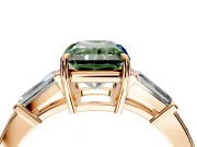 3 Stone Engagement Ring Setting for Fancy Green Radiant Cut Center with Baguette Accents and Prong Head in Rose Gold