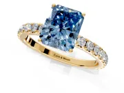 Solitaire Engagement Ring Setting for Fancy Blue Radiant Cut Center with Large Accent Band and Prong Head in Yellow Gold