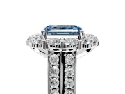 Large Accent Halo Engagement Ring Setting for Fancy Blue Emerald Cut Center with Pave Split Shank and Prong Head in Sterling Silver