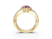 Halo Engagement Ring Setting for Fancy Pink Round Cut Center with Wide-Open Pave Split Shank and Prong Head in Yellow Gold