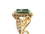 Halo Engagement Ring Setting for Fancy Green Radiant Cut Center with Leaf Motif Split Shank and Prong Head in Yellow Gold