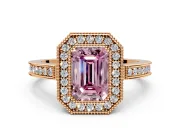 Halo Engagement Ring Setting for Fancy Pink Emerald Cut Center with Milgrain Halo, Pave Band and Prong Head in Rose Gold