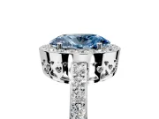 Halo Engagement Ring Setting for Fancy Blue Oval Center with Heart-Shaped Openwork, Pave Band and Prong Head in Platinum