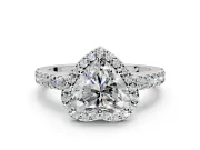 Halo Engagement Ring Setting for Heart-Shaped Center with Full Pave Band and Prong Head in White Gold