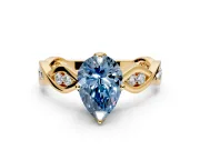 Solitaire Engagement Ring Setting for Fancy Blue Pear-Shaped Center with Accented Twist Band and Leaf Prong Head in Yellow Gold