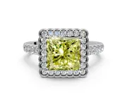 Milgrain Floral Halo Engagement Ring Setting for Fancy Yellow Princess Cut Center with Pave Band and Prong Head in White Gold