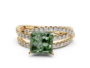 Solitaire Engagement Ring Setting for Fancy Green Princess Cut Center with Woven 3-Strand Pave Band and Prong Head in Yellow Gold