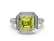 Halo Engagement Ring Setting for Fancy Yellow Asscher Cut Center with Framed Halo, Pave Band and Prong Head in White Gold