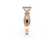 3 Stone Engagement Ring Setting for Emerald Cut Center with Pave Twist Band and Prong Head in Rose Gold