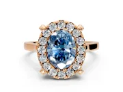 Single Halo Engagement Ring Setting for Fancy Blue Oval Center with Corner Claws, Plain Band and Prong Head in Rose Gold