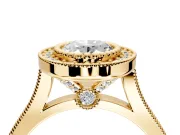 Halo Engagement Ring Setting for Oval Center with Milgrain Frame, Pave Band and Prong Head in Yellow Gold