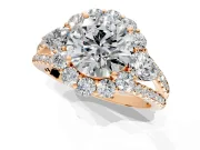Halo Engagement Ring Setting for Round Cut Center with Two-Strand Split Shank and Prong Head in Rose Gold