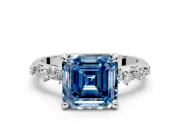Solitaire Engagement Ring Setting for Fancy Blue Asscher Cut Center with Trailing Leaf Accent Band and Prong Head in Sterling Silver