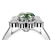 Cluster Halo Engagement Ring Setting for Fancy Green Oval Center with Milgrain Bezel Accents and Prong Head in Platinum