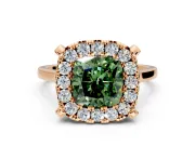 Single Halo Engagement Ring Setting for Fancy Green Cushion Cut Center with Corner Claws, Plain Band and Prong Head in Rose Gold