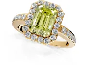 Halo Engagement Ring Setting for Fancy Yellow Emerald Cut Center with Heart-Shaped Openwork, Pave Band and Prong Head in Yellow Gold